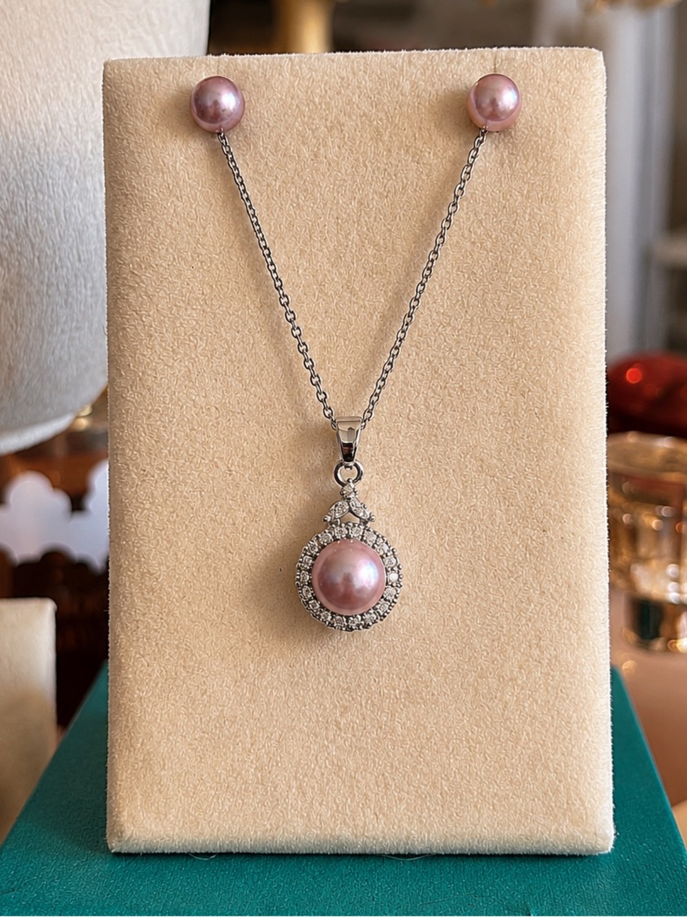 Silver Pendant with Pink Pearl Halo and Studs | Red Purple Luster - copy listing